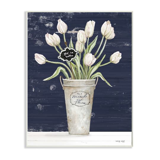 Stupell Industries Charming White Tulip Bouquet over Rustic Blue Wood Wall Plaque
